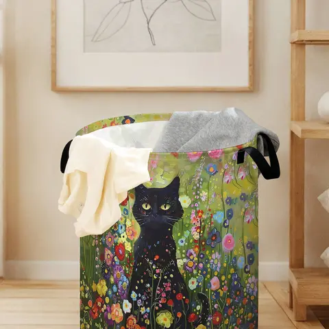 Floral Cat Print Folding Portable Laundry Basket with Handle, Durable Foldable Clothes Storage Bin, Large Capacity Toy Organizer for All Seasons, Collapsible Laundry Hamper, Clothes Baskets