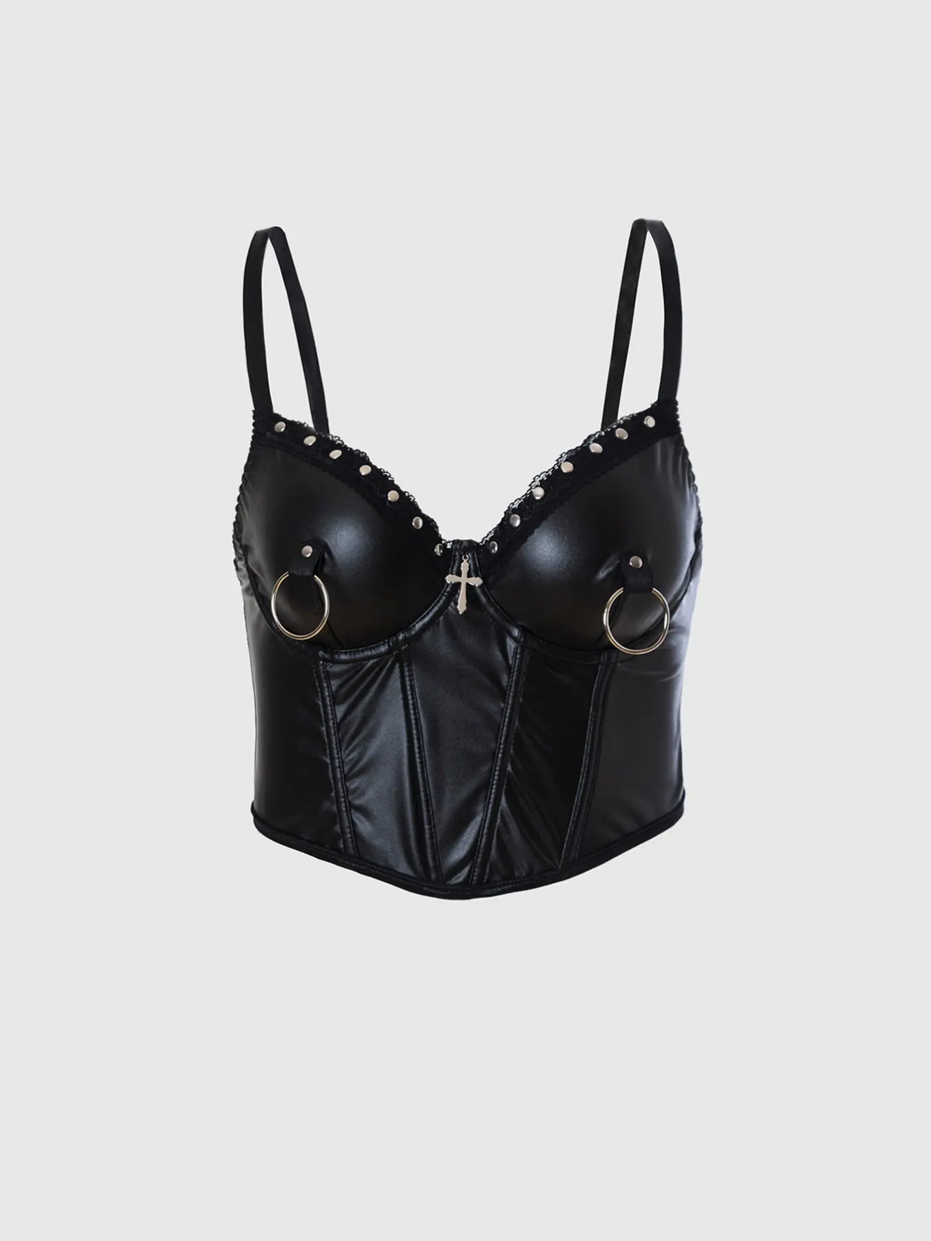 Women's Punk Style Aesthetic Rivet Ring Leather Belted Fishbone Strap Top, Dark Rebel Outerwear Short Sleeve Shirt, Fit, Perfect for Music Festivals