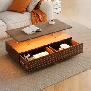 [Annalile] Modern Walnut Rectangular LED Lights Coffee Table with 2 drawers in 47.2" Unique furniture