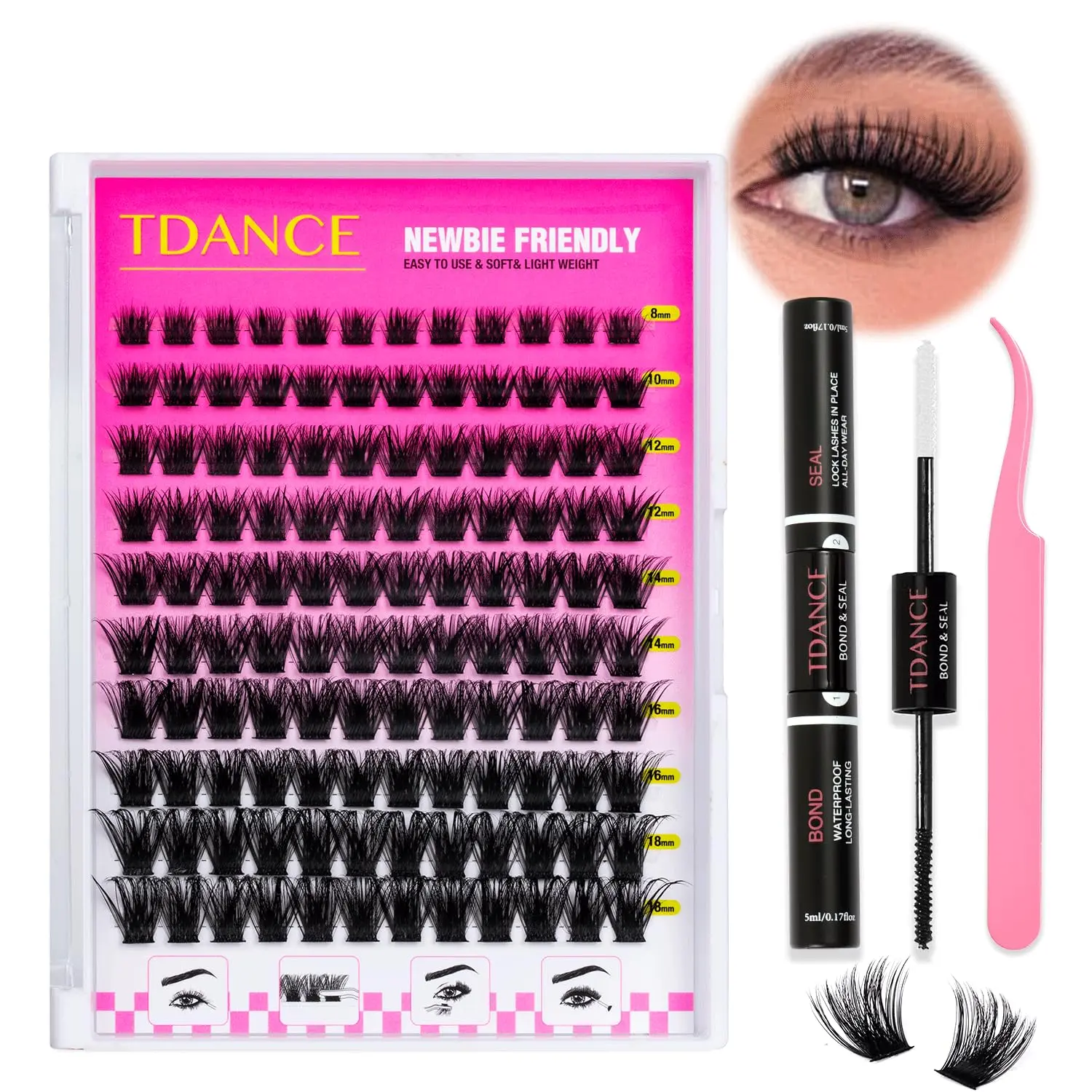 Magic 088 Lash Clusters Kit DIY Lashes Extensions Kit 8-18mm Length D curl Volume Lash Clusters Eyelash Extensions with Lash Bond and Seal and Lash Tweezers(Magic 088-KIT)