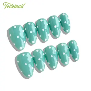 Mint Polka Dot Handmade Press-On Nails | Short Almond Shape, 10pcs Handmade | Mint Green Base + White 3D Dots | High Gloss Finish | Reusable DIY Nail Kit for Spring/Summer Daily/Date/Outing/Festival | Trendy Sweet Aesthetic Look