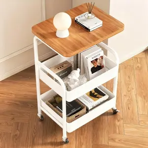 Portable Three-Tier Storage Cart, Wooden Top, Durable Carbon Steel Frame, Mobile Wheels, Ideal for Home or Office Use, Countertop Storage Rack, 77cm X 43.5cm X 30cm