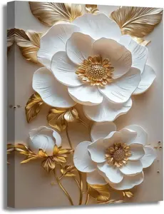 Abstract White & Gold Floral Canvas Wall Art Elegant Flowers Pictures Prints White Flower Golden Leaves Painting Living Room Bathroom Decor Framed