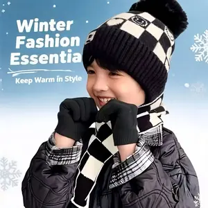 3pcs Boys' Winter Hat, Scarf & Gloves Set - Thick Warm Knit Beanie with Ears, & Checkered Pattern, Lightweight & Stylish for Outdoor Activities, Perfect For Daily Wear (ages 3-12), Winter Clothes