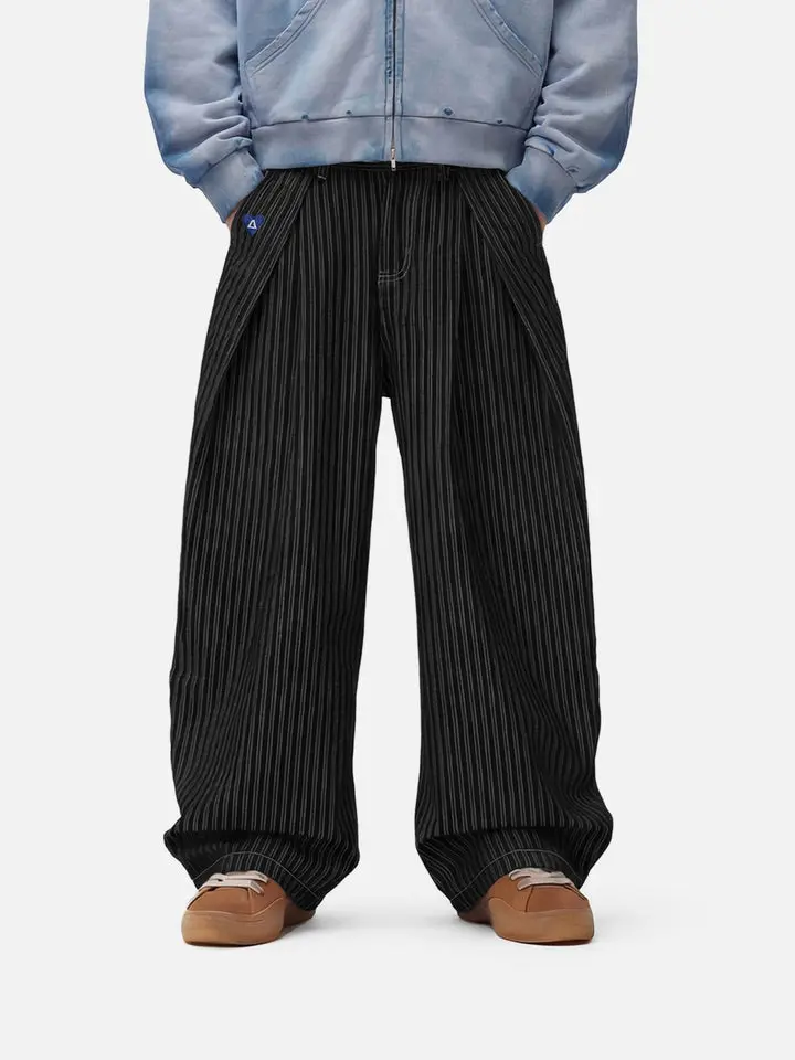 Aelfric Eden Pinstripe Embroidered Balloon Jeans Retro Pinstripe Pattern 3D Pleated Waist  Balloon Wide Leg Fit Washed Denim Unisex Streetwear Jean