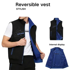 Men’s Stand Collar Vest, Lightweight Sleeveless Tank Top, Trendy Printed Design, Casual Sport Style, Wearable Reversibly (Front/Back), Suitable for Young Adults