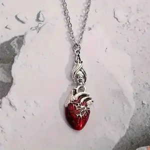 Gothic Vampire Bat Bloody Anatomy Heart Pendant Necklace, Pagan Witch Chain Jewelry Necklaces, Fashionable Halloween Accessory Gift