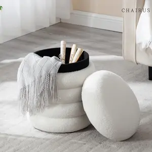 CHAIRUS 15 Inch Round Storage Ottoman Modern Footrest with Soft Padded Seat, Foot Stool Vanity Stool for Living Room,Hallway,Makeup,Bedrooms, Ottoman Seat, Teddy White