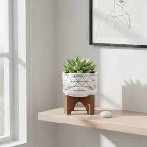 4.5" White Black Line GEO CERAMIC ON STAND Hand-Crafted Ceramic Planter with Wood Stand for Succulents and House Plants