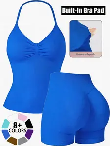 New Women's High-Waisted Yoga Set, Abdominal Control, Solid Halter Top, High-Waisted Sport Shorts, Comfortable Daily Wear, Summer Fitness, Yoga Workout Activewear, Workout Sets, Yoga Outfit, Yoga Clothes, Workout Sportswear, Yoga Gym Activewear