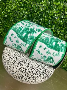 4 Inch By 5 Yard Green And White Asian Vista Chinoiserie Deluxe Ribbon