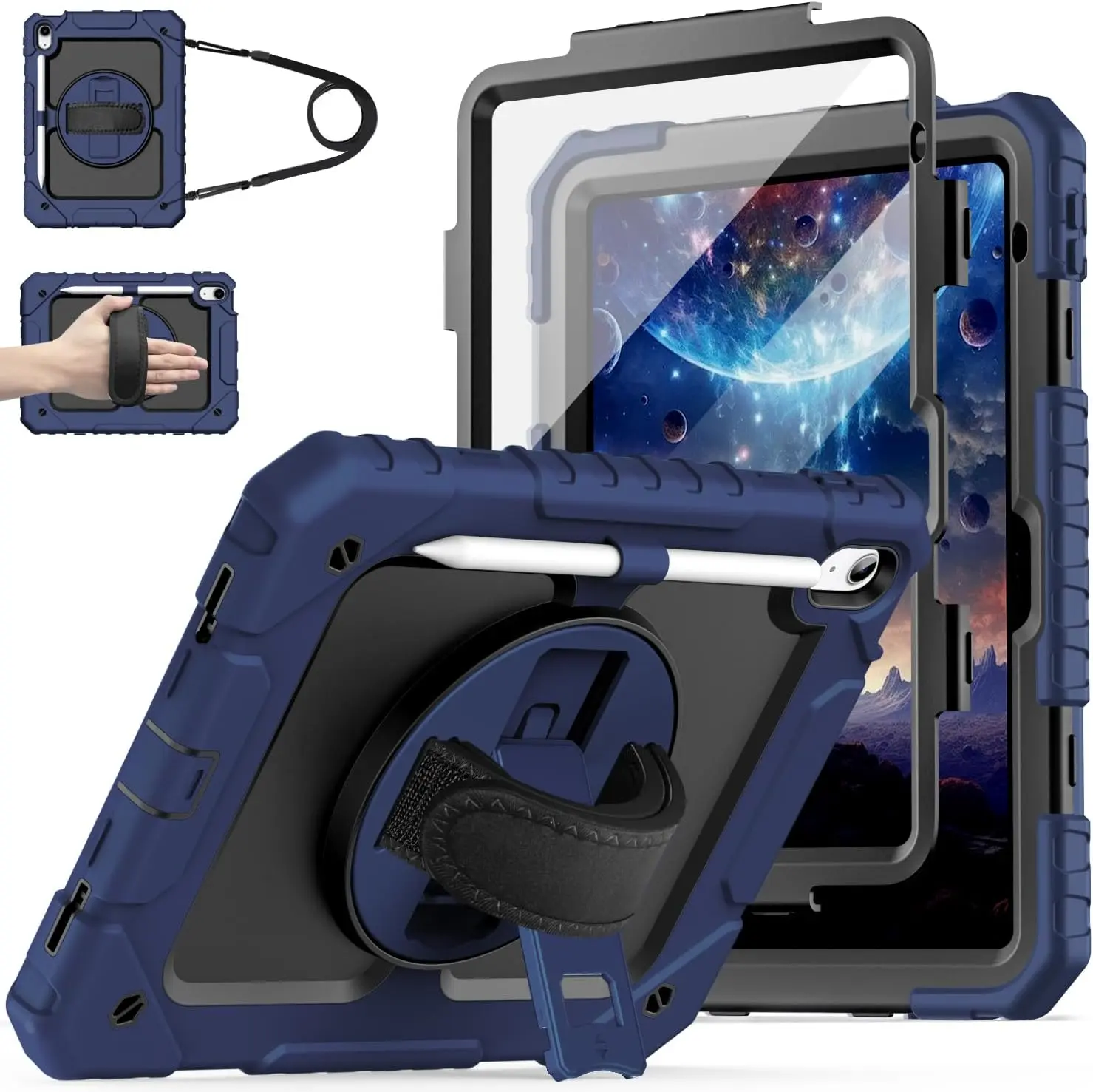 Case for iPad 11-inch (A16) 2025/ iPad 10th Generation 2022 (10.9 inch) with Screen Protector, 11th Case with 360 Degree Rotating Stand/Shoulder Strap/Pencil Holder, Navy Blue