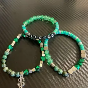 Emerald Prosperity Bracelet Stack – Green Glass & Clay Beaded Set with Dollar & Blessed Charms