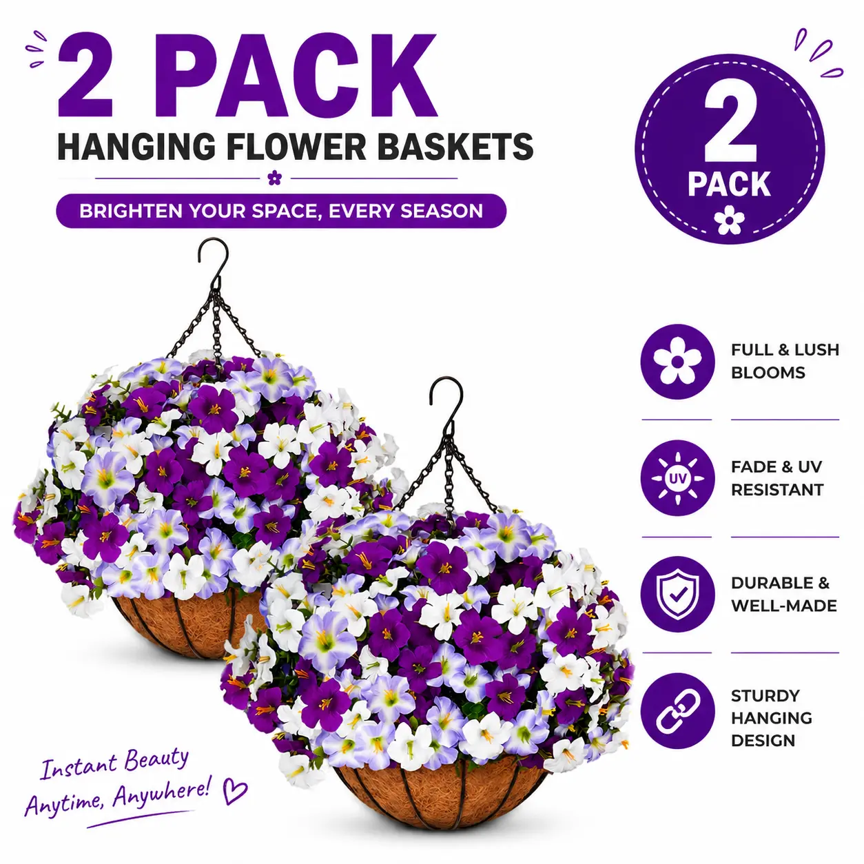 Must Have! 2 Pack Petunia Hanging Baskets,UV Resistant Outdoor Artificial Flower Bundles, Long Lasting No Care Flowers to Beautify Your Outdoor Space
