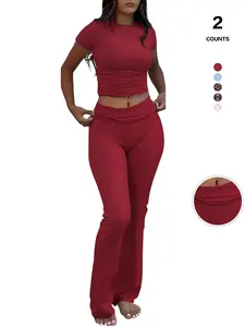 Casual Workout Two Piece Outfits for Women Short Sleeve Crop High Waist Foldover Flare Pants Tracksuit Sets Streetwear