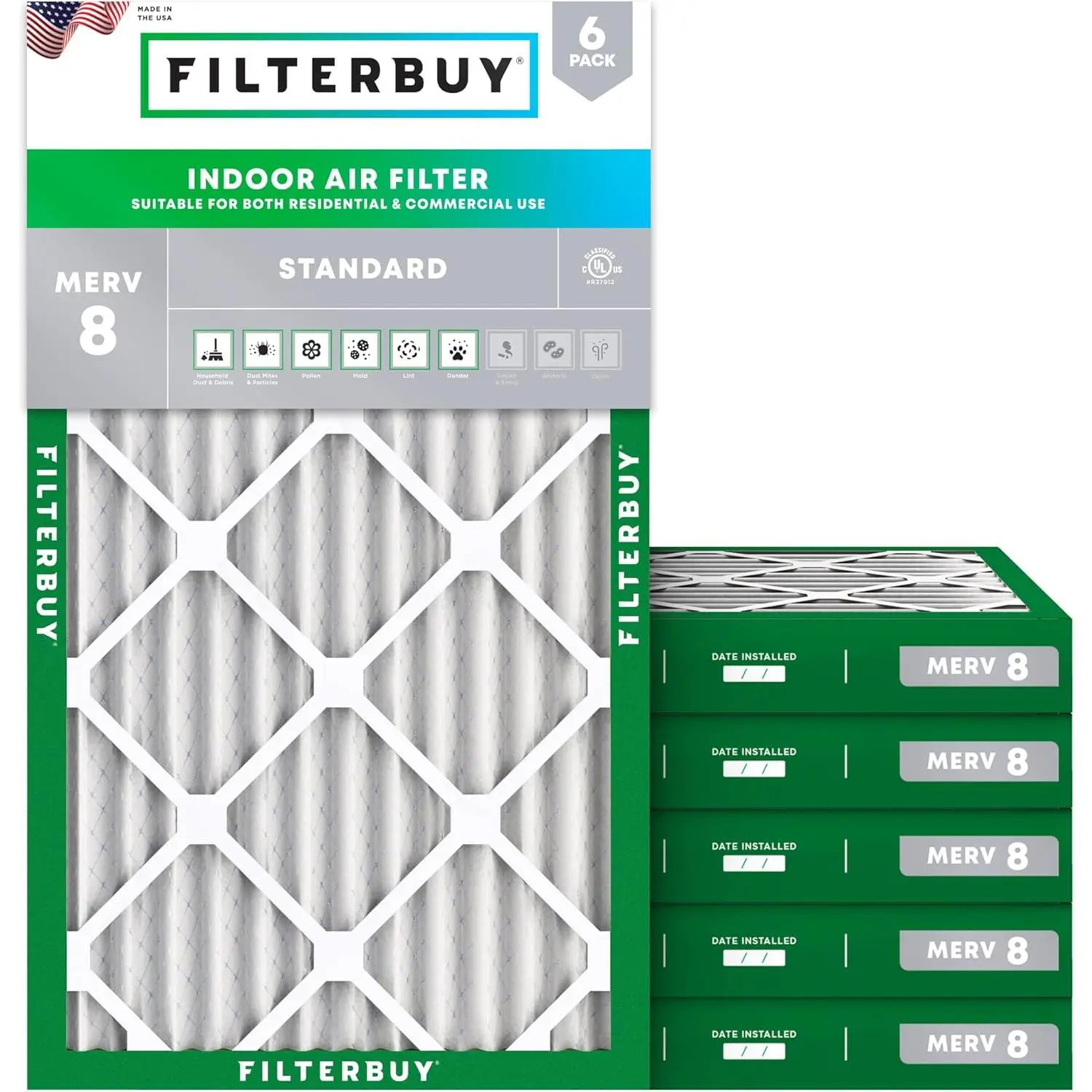 Filterbuy 16x30x2 MERV 8 Rating HVAC AC Furnace Heat Pump Air Filter (6-Pack) - Electrostatically Charged, Dust Capture, Improved Airflow (Actual Size: 15.69x29.69x1.69 In), Synthetic Media