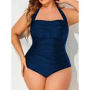 Plus Size Women's Vintage One-Shoulder Tummy Control Swimsuit - High Elastic Adjustable Side Straps, Pure Black Elegant Beach & Pool Swimwear, Comfortable Fabric High Waist Design swimsuit bathing suit