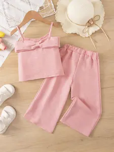 Girls 2026 Summer Y2K Cami Set, Off Shoulder Bowknot Crop Top + Wide Leg Pants 2-Piece Outfit, Sweet Design Versatile Clothes, for 2-7 Years Old Girls, Daily/Vacation/Outing Wear