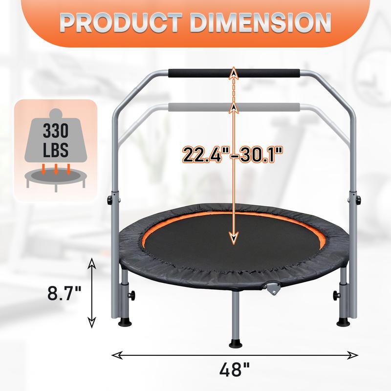 40/48" Foldable Mini Trampoline Max Load 330lbs,Fitness Rebounder with Adjustable Handle, Stable Exercise Trampoline for Indoor/Garden Workout, Outdoor fun Home Gym Home Gym Kit