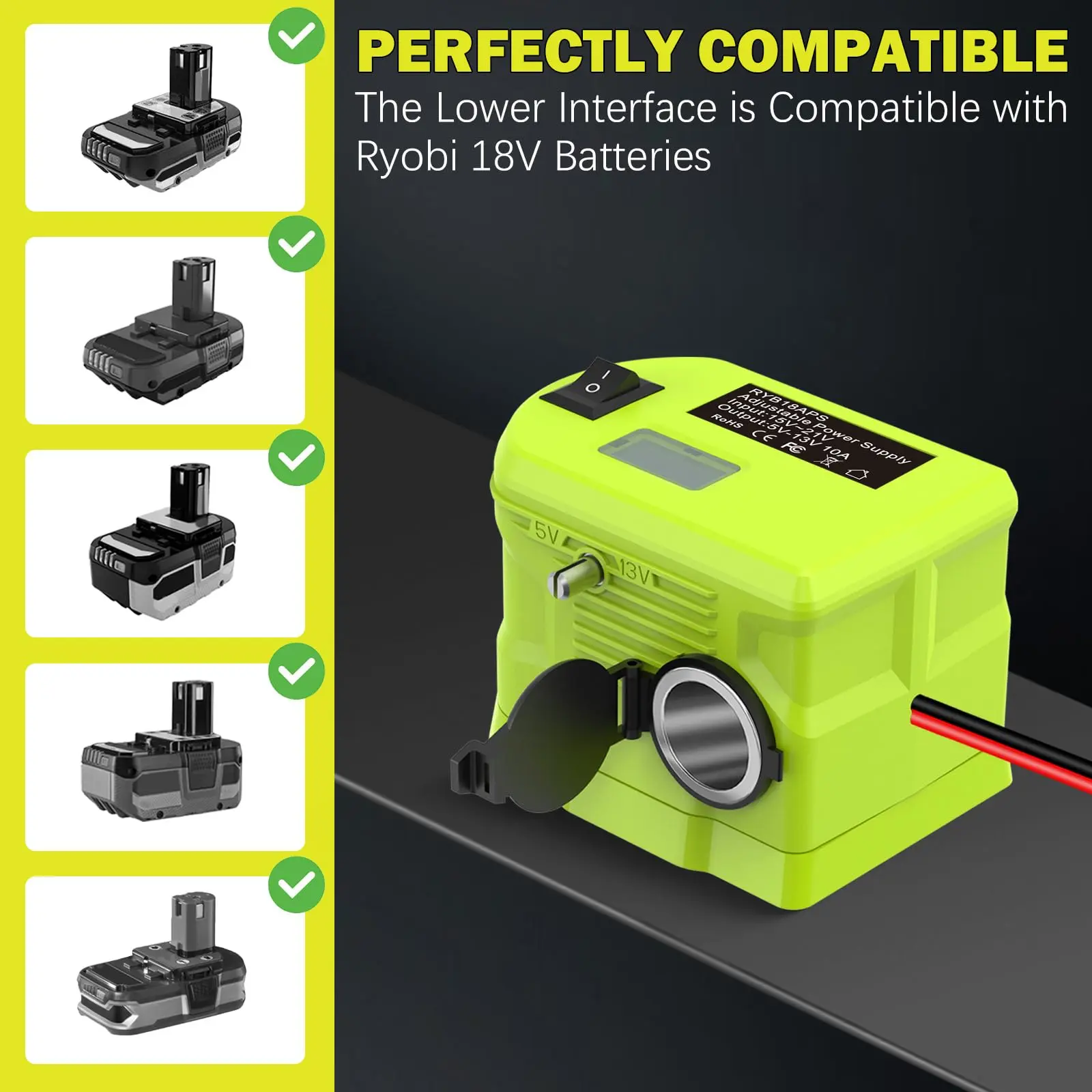 cigarette lighter voltage regulator Step Down Converter for Ryobi 18V Battery, 5V-13V 10A Adjustable Power Wheel Adapter with 12V Cigarette Lighter Socket, 120W Max DC Voltage Regulator for Car Devices, Camping, DIY Projects cigarette lighter voltage regulator Step Down Converter for Ryobi 18V Battery, 5V-13V 10A Adjustable Power Wheel Adapter with 12V Cigarette Lighter Socket, 120W Max DC Voltage Regulator for Car Devices, Camping, DIY Projects