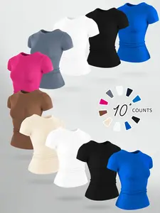 Women's Multi-Color Plain Pattern Round Neck Short Sleeve Slim Fit T-Shirt, Sporty Yoga Workout Top, Fitness Top, Fitness Shirts, Comfortable Stretchy Elastic Fabric, Summer High-Performance Tee