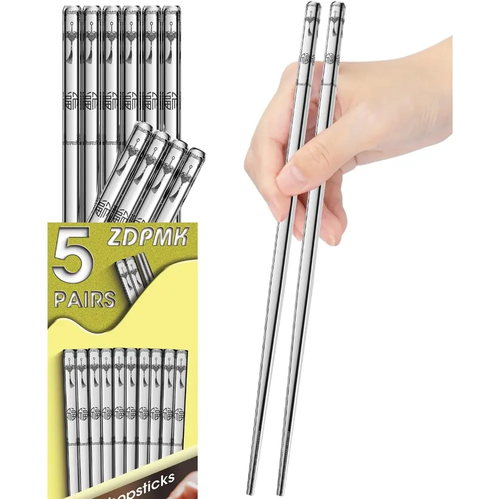 Stainless Steel Chopsticks-5 Pairs Reusable Metal Chopsticks, Dishwasher Safe, for Japanese, Chinese, Korean, Non-Slip Stainless Chopsticks, Silver Metal Chopsticks for Adults