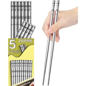 Stainless Steel Chopsticks-5 Pairs Reusable Metal Chopsticks, Dishwasher Safe, for Japanese, Chinese, Korean, Non-Slip Stainless Chopsticks, Silver Metal Chopsticks for Adults