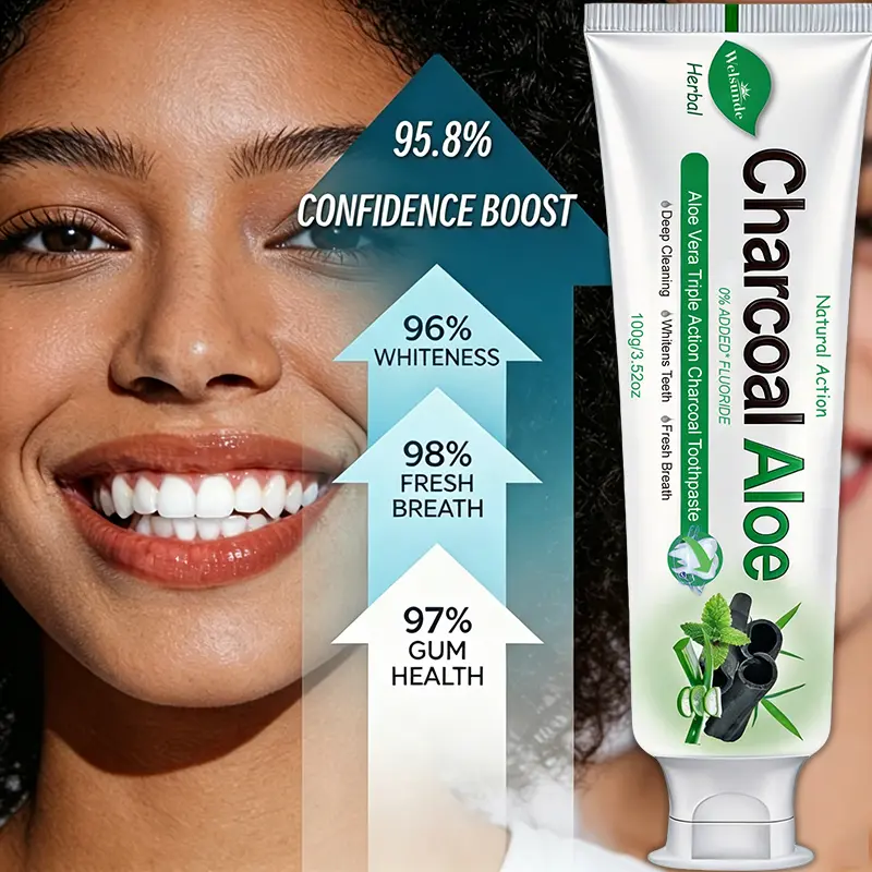 Charcoal Aloe Vera Toothpaste, Fluoride-Free Herbal Natural Toothpaste for Deep Oral Cleaning, Surface Stain Removal & Fresh Breath, Daily-Travel Use