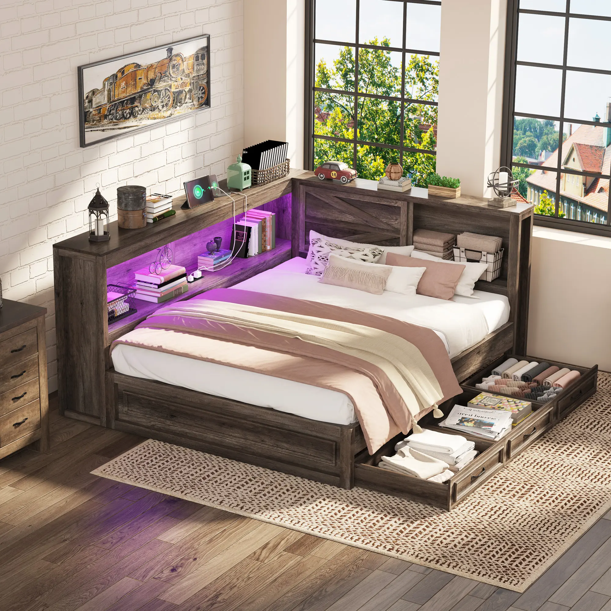 [TiktokShopStockUp] ALBOTT Twin Corner Bed Frame with Storage Drawers, Bookcase Headboard, Charging Station, and LED Lights - Farmhouse Wood Daybed for Kids, No Box Spring Needed, with Lights Beds