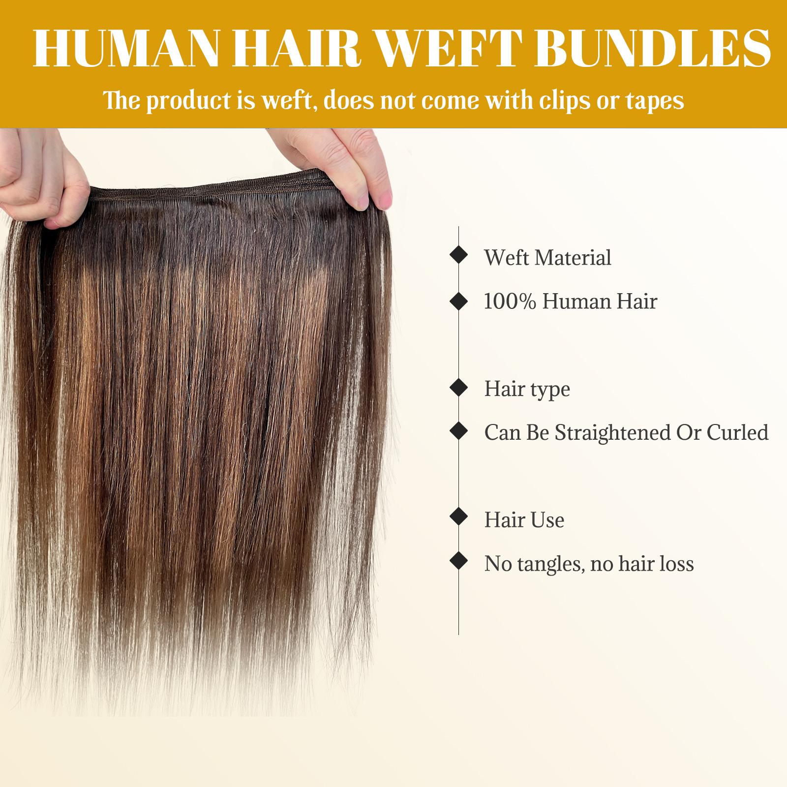 Dark Root Brown Ombre with Soft Highlights Sew In Extensions 24 Inch Real Human Hair Weft Extensions 120G Double Weft Remy Human Hair Bundles For Women Hand Tied Full Head Straight Hair Weaves
