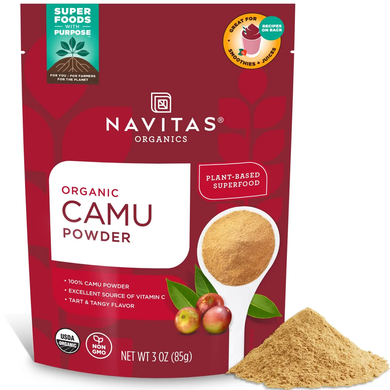 Navitas Organics Natural Certified Organic Camu Cherry Powder - 3oz Bag, GMO Free, Kosher, Gluten-Free, Vegan Dietary Supplement, No Preservatives, Immune Support, Vitamin C & Antioxidants for Smoothies