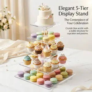 5-Tier Clear Acrylic Cupcake Stand, Square Transparent Dessert Display Tower, Sturdy Tiered Tray for Cupcakes, Macarons and Pastries, Ideal for Weddings, Birthdays and All Party Celebrations