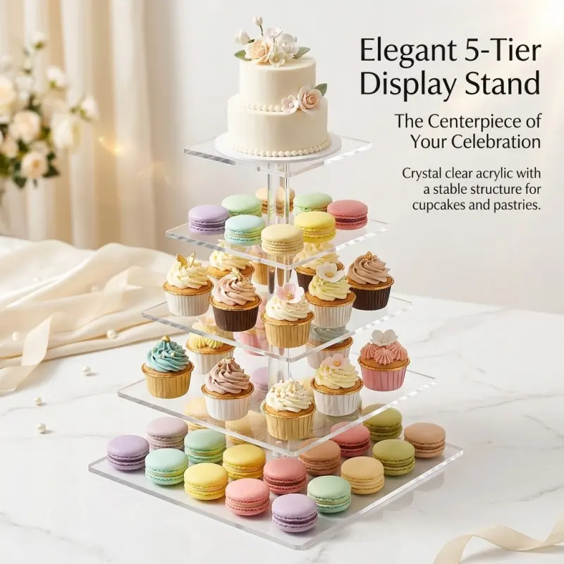 5-Tier Clear Acrylic Cupcake Stand, Square Transparent Dessert Display Tower, Cupcake Serving Tower, Sturdy Tiered Tray for Cupcakes, Macarons and Pastries, Ideal for Weddings, Birthdays and All Party Celebrations