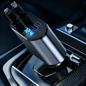 Universal 120w Car Charger Adapter, Super Fast Car Charger, Retractable Lightning & Type-C Cables, USB Ports, LED Voltmeter