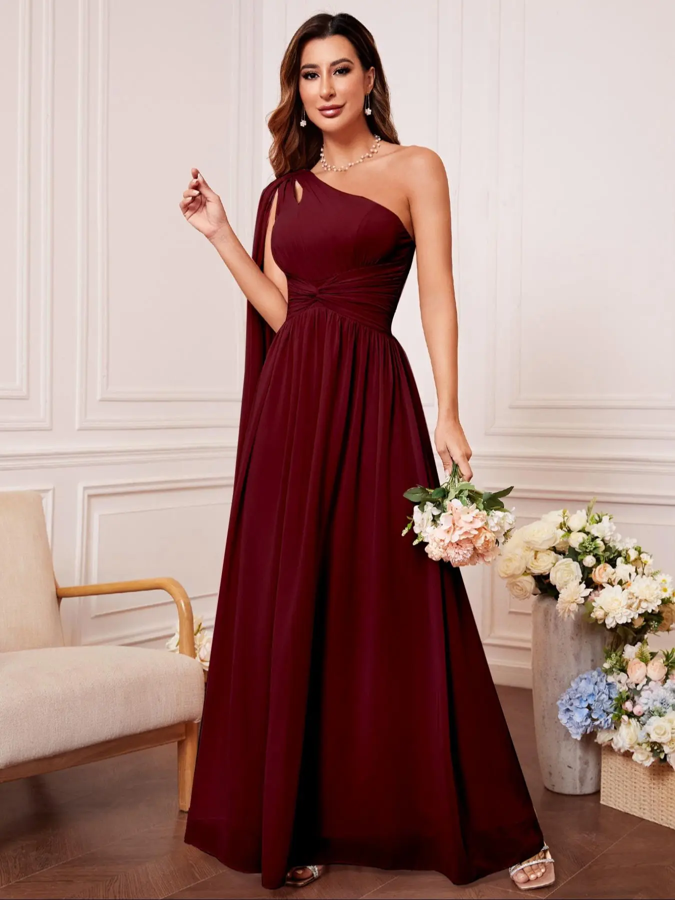 Women's Plain Twist Front Shoulder Chiffon Evening Dress, Elegant Classy Flattering Chic Off Shoulder Sleeveless Bridesmaid Dress for Party & Banquet, Ladies' Clothes for All Seasons