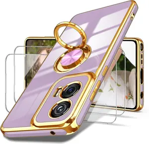 Moto G Stylus 5G 2024 Case, 2X Screen Protector, 360° Rotatable Ring Holder Magnetic Kickstand,Plated Gold Edge Slim Soft TPU Protective Cover for Motorola G Stylus 5G (Purple)