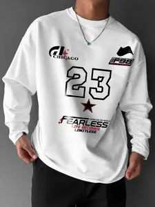 Men's Street Style Graphic Knit Sweatshirt, Long Sleeve Round Neck Fitted Top, Casual All-Season Wear, Comfortable & Trendy Design