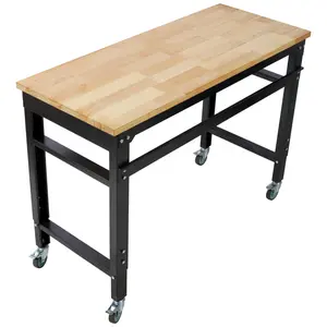 Workbench - 35"-60" Wide Rolling Workbenches for Garage - Adjustable Height, Workshop Tool Bench, Metal with rubber Wood Top ,Black Hammertone leg