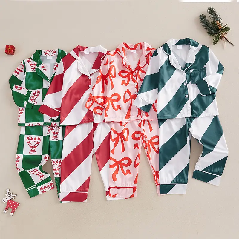 Baby Girl Boy Christmas Pajamas Set For Toddler Bow/Stripe Print Long Sleeve Lapel Button Down Tops with Pants Satin Sleepwear