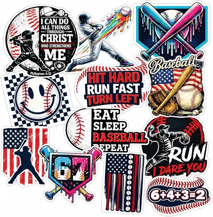 12PCS Baseball Stickers for Boys Kids  Waterproof Baseball Player Stickers for Water Bottles, Vinyl Decals Baseball Party Favors for Kids 8-12
