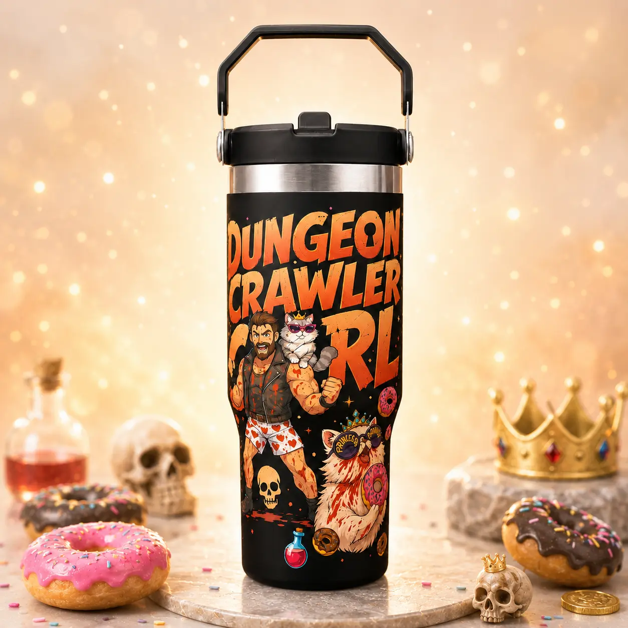 30oz Vacuum Insulated Leakproof Travel Tumbler Cup - Double Wall, Foldable Handle, Straw Lid, Dungeon Crawler Carl Inspired LitRPG Art, Ideal for Gaming Sessions, Studying, Hydration Tumbler, Insulated Tumbler Cup