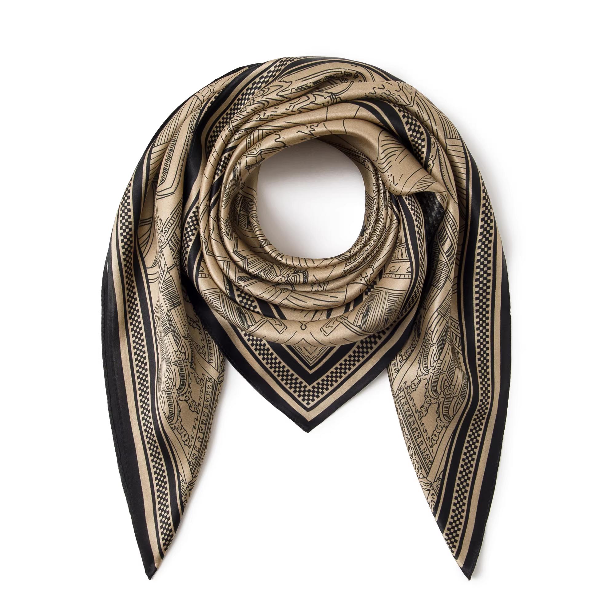 Retro Black & Gold Mulberry Silk Crepe Satin Headscarf with Geometric Print, Sun Protection, Multi-Purpose Women’s Scarf  long night scarf