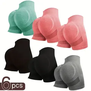 6-Pack High-Waisted shorts-Butt Lifting,Breathable, Comfort and Sweat-Wicking Compression Shorts， Assorted Solid Colors Womenswear Lady