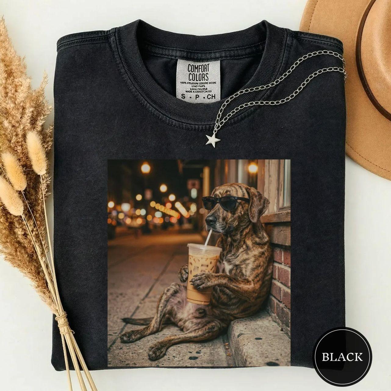 Comfort Colors Funny Plott Hound Drinking Iced Coffee Shirt, Animal Meme Tee, Dog Lover Gift, Funny Dog Shirt, Coffee Lover Tee, Dog Mom Gift UZ