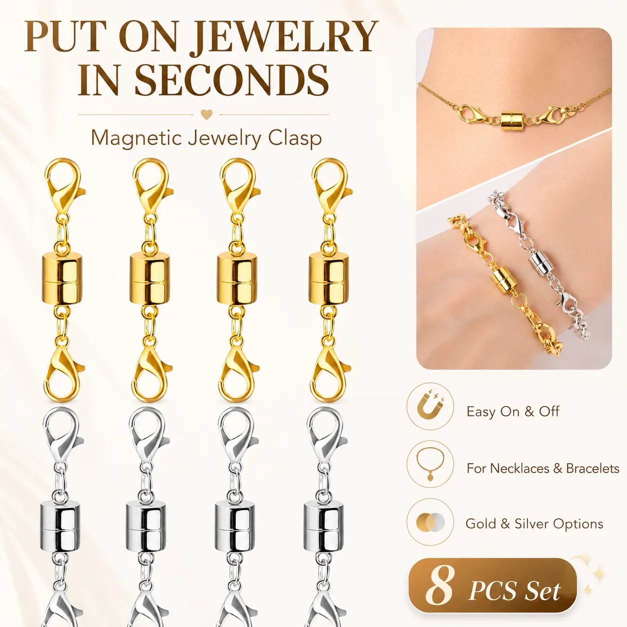 8PCS Magnetic Necklace Clasp with Lobster Clasp,Gold and Silver Magnetic Jewelry Clasps for Necklace Extender Bracelet Closures