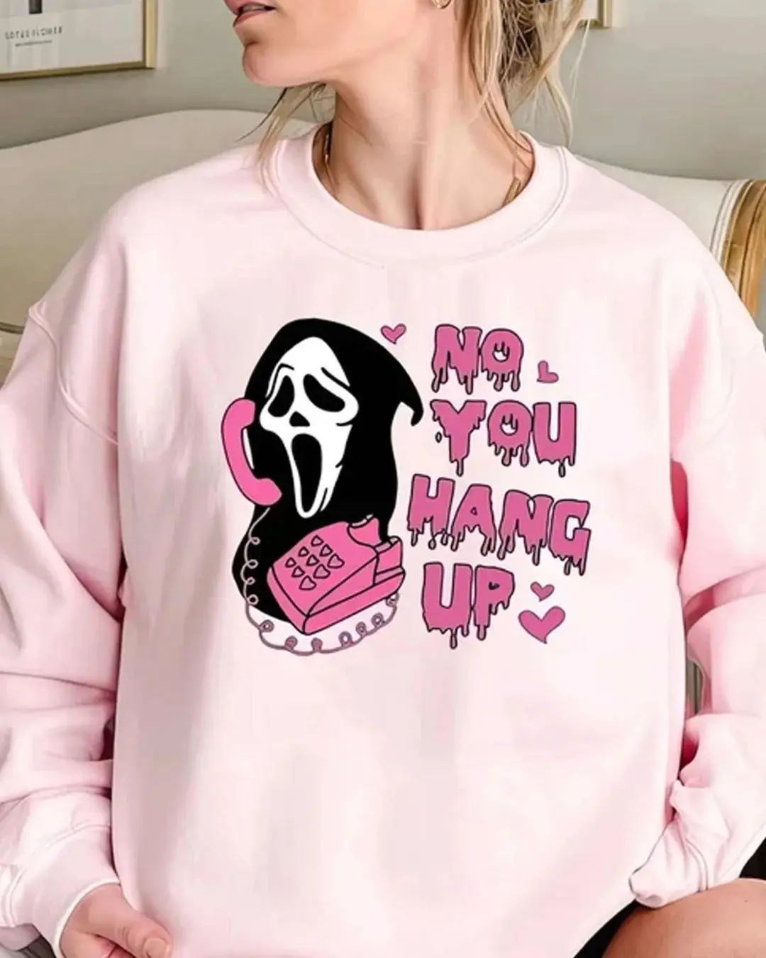 No You Hang Up Sweatshirt Ghostface Unisex (Light Pink) Women's Cartoon