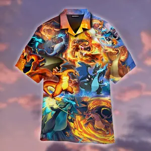 Charizard Ice And Fire Dragon Combat Hawaiian Shirt Style 3D Printing Summer Casual Loose Short Sleeve Shirt Street Men Menswear Top