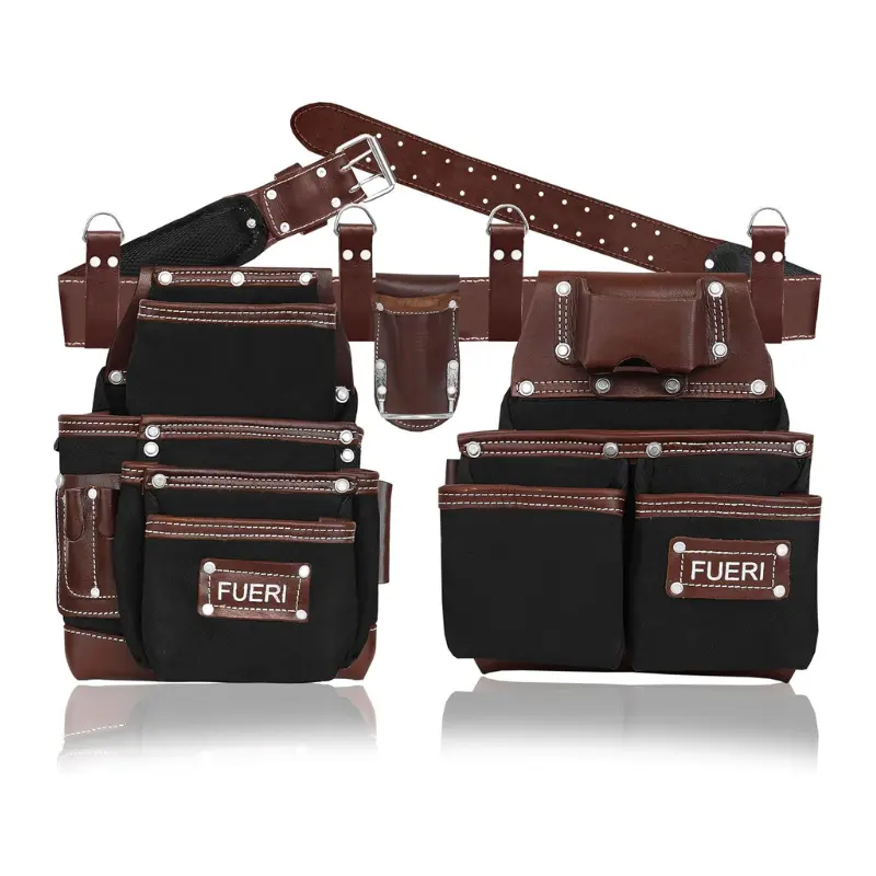 FUERI Nylon Leather Tool Belt - 19 Tool Pockets (Including Utility Pocket), Adjustable Foam Padding Belt, Heavy-Duty Pouches, 4 D-Loops, Hammer Holder for Carpenters
