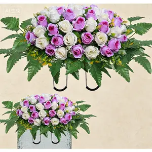 Rose Headstone Flower Saddle, Memorial Cemetery Flowers with Vase, Purple and White Grave Decorations, Outdoor Tombstone Decor, Reusable Artificial Floral Arrangement for Graves