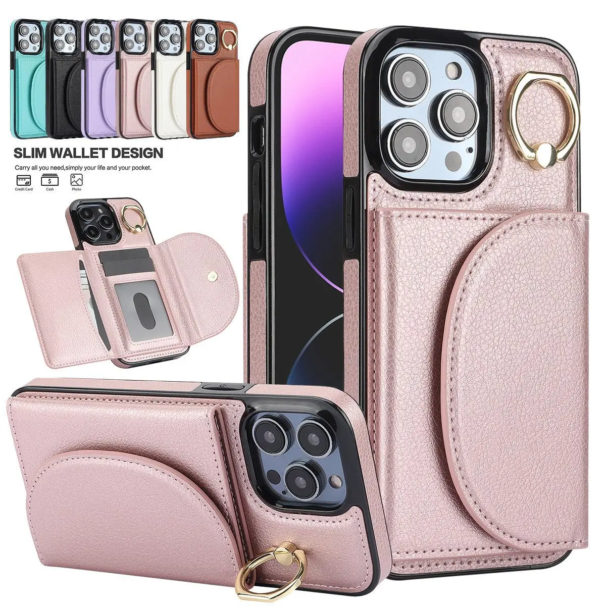 Oceantree PU Leather Casing for iPhone 16, 15 Pro Max, 14, 13, 12, 11 - Handheld Phone Accessory with Card Pocket, Ring Kickstand, Durable Shockproof Protection for Smart Devices